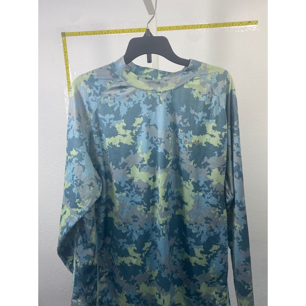 Simms SolarFlex Long Sleeve Fishing Shirt Mens XL Blue Green Digital Camo UPF